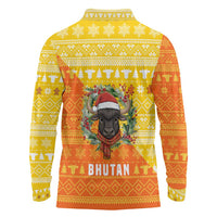 Bhutan Christmas Long Sleeve Polo Shirt with Takin Reindeer Antlers Santa Hat and Yellow Orange Holiday Pattern - Wonder Print Shop