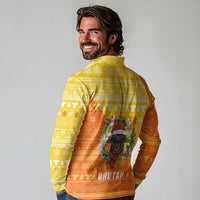 Bhutan Christmas Long Sleeve Polo Shirt with Takin Reindeer Antlers Santa Hat and Yellow Orange Holiday Pattern - Wonder Print Shop