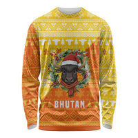 Bhutan Christmas Long Sleeve Shirt with Takin Reindeer Antlers Santa Hat and Yellow Orange Holiday Pattern - Wonder Print Shop
