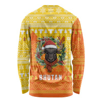 Bhutan Christmas Long Sleeve Shirt with Takin Reindeer Antlers Santa Hat and Yellow Orange Holiday Pattern - Wonder Print Shop