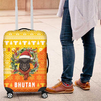 Bhutan Christmas Luggage Cover with Takin Reindeer Antlers Santa Hat and Yellow Orange Holiday Pattern - Wonder Print Shop