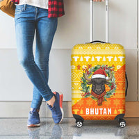 Bhutan Christmas Luggage Cover with Takin Reindeer Antlers Santa Hat and Yellow Orange Holiday Pattern - Wonder Print Shop
