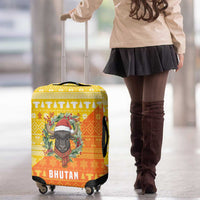 Bhutan Christmas Luggage Cover with Takin Reindeer Antlers Santa Hat and Yellow Orange Holiday Pattern - Wonder Print Shop