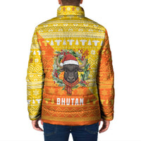 Bhutan Christmas Padded Jacket with Takin Reindeer Antlers Santa Hat and Yellow Orange Holiday Pattern - Wonder Print Shop