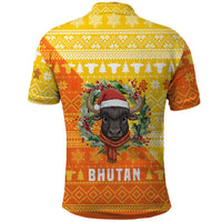 Bhutan Christmas Polo Shirt with Takin Reindeer Antlers Santa Hat and Yellow Orange Holiday Pattern - Wonder Print Shop