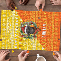 Bhutan Christmas Puzzle with Takin Reindeer Antlers Santa Hat and Yellow Orange Holiday Pattern - Wonder Print Shop