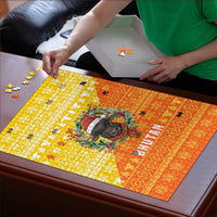 Bhutan Christmas Puzzle with Takin Reindeer Antlers Santa Hat and Yellow Orange Holiday Pattern - Wonder Print Shop