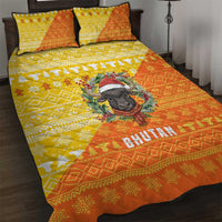 Bhutan Christmas Quilt Bed Set with Takin Reindeer Antlers Santa Hat and Yellow Orange Holiday Pattern - Wonder Print Shop