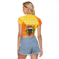 Bhutan Christmas Raglan Cropped T Shirt with Takin Reindeer Antlers Santa Hat and Yellow Orange Holiday Pattern - Wonder Print Shop