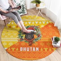 Bhutan Christmas Round Carpet with Takin Reindeer Antlers Santa Hat and Yellow Orange Holiday Pattern - Wonder Print Shop