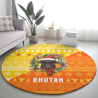 Bhutan Christmas Round Carpet with Takin Reindeer Antlers Santa Hat and Yellow Orange Holiday Pattern - Wonder Print Shop