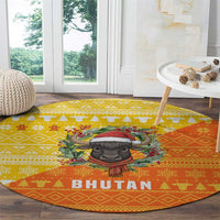Bhutan Christmas Round Carpet with Takin Reindeer Antlers Santa Hat and Yellow Orange Holiday Pattern - Wonder Print Shop