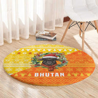 Bhutan Christmas Round Carpet with Takin Reindeer Antlers Santa Hat and Yellow Orange Holiday Pattern - Wonder Print Shop