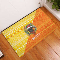 Bhutan Christmas Rubber Doormat with Takin Reindeer Antlers Santa Hat and Yellow Orange Holiday Pattern - Wonder Print Shop