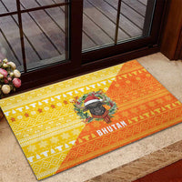 Bhutan Christmas Rubber Doormat with Takin Reindeer Antlers Santa Hat and Yellow Orange Holiday Pattern - Wonder Print Shop
