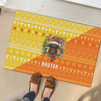 Bhutan Christmas Rubber Doormat with Takin Reindeer Antlers Santa Hat and Yellow Orange Holiday Pattern - Wonder Print Shop