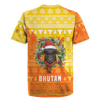 Bhutan Christmas Rugby Jersey with Takin Reindeer Antlers Santa Hat and Yellow Orange Holiday Pattern - Wonder Print Shop