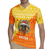 Bhutan Christmas Rugby Jersey with Takin Reindeer Antlers Santa Hat and Yellow Orange Holiday Pattern - Wonder Print Shop