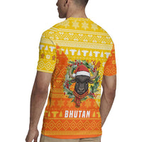 Bhutan Christmas Rugby Jersey with Takin Reindeer Antlers Santa Hat and Yellow Orange Holiday Pattern - Wonder Print Shop