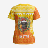 Bhutan Christmas Scrub Top with Takin Reindeer Antlers Santa Hat and Yellow Orange Holiday Pattern - Wonder Print Shop