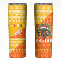Bhutan Christmas Skinny Tumbler with Takin Reindeer Antlers Santa Hat and Yellow Orange Holiday Pattern - Wonder Print Shop