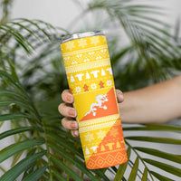 Bhutan Christmas Skinny Tumbler with Takin Reindeer Antlers Santa Hat and Yellow Orange Holiday Pattern - Wonder Print Shop