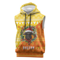 Bhutan Christmas Sleeveless Hoodie with Takin Reindeer Antlers Santa Hat and Yellow Orange Holiday Pattern - Wonder Print Shop