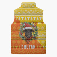 Bhutan Christmas Sleeveless Puffer Jacket with Takin Reindeer Antlers Santa Hat and Yellow Orange Holiday Pattern - Wonder Print Shop