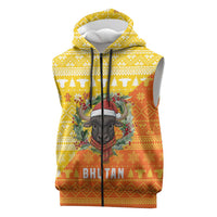 Bhutan Christmas Sleeveless Zip Hoodie with Takin Reindeer Antlers Santa Hat and Yellow Orange Holiday Pattern - Wonder Print Shop