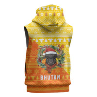 Bhutan Christmas Sleeveless Zip Hoodie with Takin Reindeer Antlers Santa Hat and Yellow Orange Holiday Pattern - Wonder Print Shop