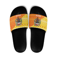 Bhutan Christmas Slide Sandals with Takin Reindeer Antlers Santa Hat and Yellow Orange Holiday Pattern - Wonder Print Shop