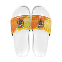 Bhutan Christmas Slide Sandals with Takin Reindeer Antlers Santa Hat and Yellow Orange Holiday Pattern - Wonder Print Shop