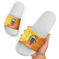 Bhutan Christmas Slide Sandals with Takin Reindeer Antlers Santa Hat and Yellow Orange Holiday Pattern - Wonder Print Shop