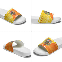 Bhutan Christmas Slide Sandals with Takin Reindeer Antlers Santa Hat and Yellow Orange Holiday Pattern - Wonder Print Shop