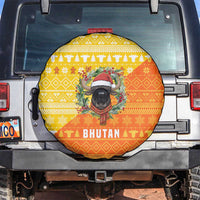 Bhutan Christmas Spare Tire Cover with Takin Reindeer Antlers Santa Hat and Yellow Orange Holiday Pattern - Wonder Print Shop