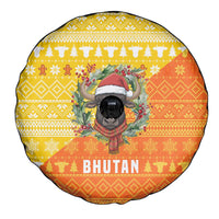 Bhutan Christmas Spare Tire Cover with Takin Reindeer Antlers Santa Hat and Yellow Orange Holiday Pattern - Wonder Print Shop