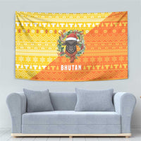 Bhutan Christmas Tapestry with Takin Reindeer Antlers Santa Hat and Yellow Orange Holiday Pattern - Wonder Print Shop