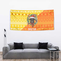 Bhutan Christmas Tapestry with Takin Reindeer Antlers Santa Hat and Yellow Orange Holiday Pattern - Wonder Print Shop