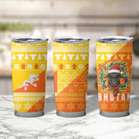 Bhutan Christmas Tumbler Cup with Takin Reindeer Antlers Santa Hat and Yellow Orange Holiday Pattern - Wonder Print Shop