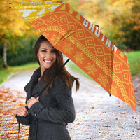 Bhutan Christmas Umbrella with Takin Reindeer Antlers Santa Hat and Yellow Orange Holiday Pattern - Wonder Print Shop