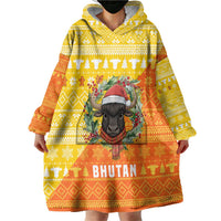 Bhutan Christmas Wearable Blanket Hoodie with Takin Reindeer Antlers Santa Hat and Yellow Orange Holiday Pattern - Wonder Print Shop