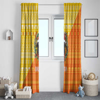 Bhutan Christmas Window Curtain with Takin Reindeer Antlers Santa Hat and Yellow Orange Holiday Pattern - Wonder Print Shop