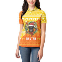 Bhutan Christmas Women Polo Shirt with Takin Reindeer Antlers Santa Hat and Yellow Orange Holiday Pattern - Wonder Print Shop