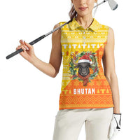 Bhutan Christmas Women Sleeveless Polo Shirt with Takin Reindeer Antlers Santa Hat and Yellow Orange Holiday Pattern - Wonder Print Shop