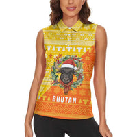 Bhutan Christmas Women Sleeveless Polo Shirt with Takin Reindeer Antlers Santa Hat and Yellow Orange Holiday Pattern - Wonder Print Shop