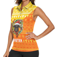 Bhutan Christmas Women Sleeveless Polo Shirt with Takin Reindeer Antlers Santa Hat and Yellow Orange Holiday Pattern - Wonder Print Shop