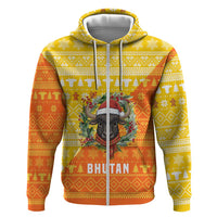 Bhutan Christmas Zip Hoodie with Takin Reindeer Antlers Santa Hat and Yellow Orange Holiday Pattern - Wonder Print Shop