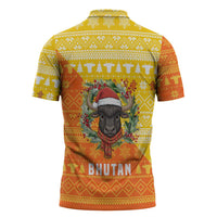 Bhutan Christmas Zipper Polo Shirt with Takin Reindeer Antlers Santa Hat and Yellow Orange Holiday Pattern - Wonder Print Shop
