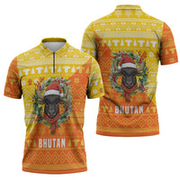 Bhutan Christmas Zipper Polo Shirt with Takin Reindeer Antlers Santa Hat and Yellow Orange Holiday Pattern - Wonder Print Shop