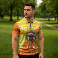 Bhutan Christmas Zipper Polo Shirt with Takin Reindeer Antlers Santa Hat and Yellow Orange Holiday Pattern - Wonder Print Shop